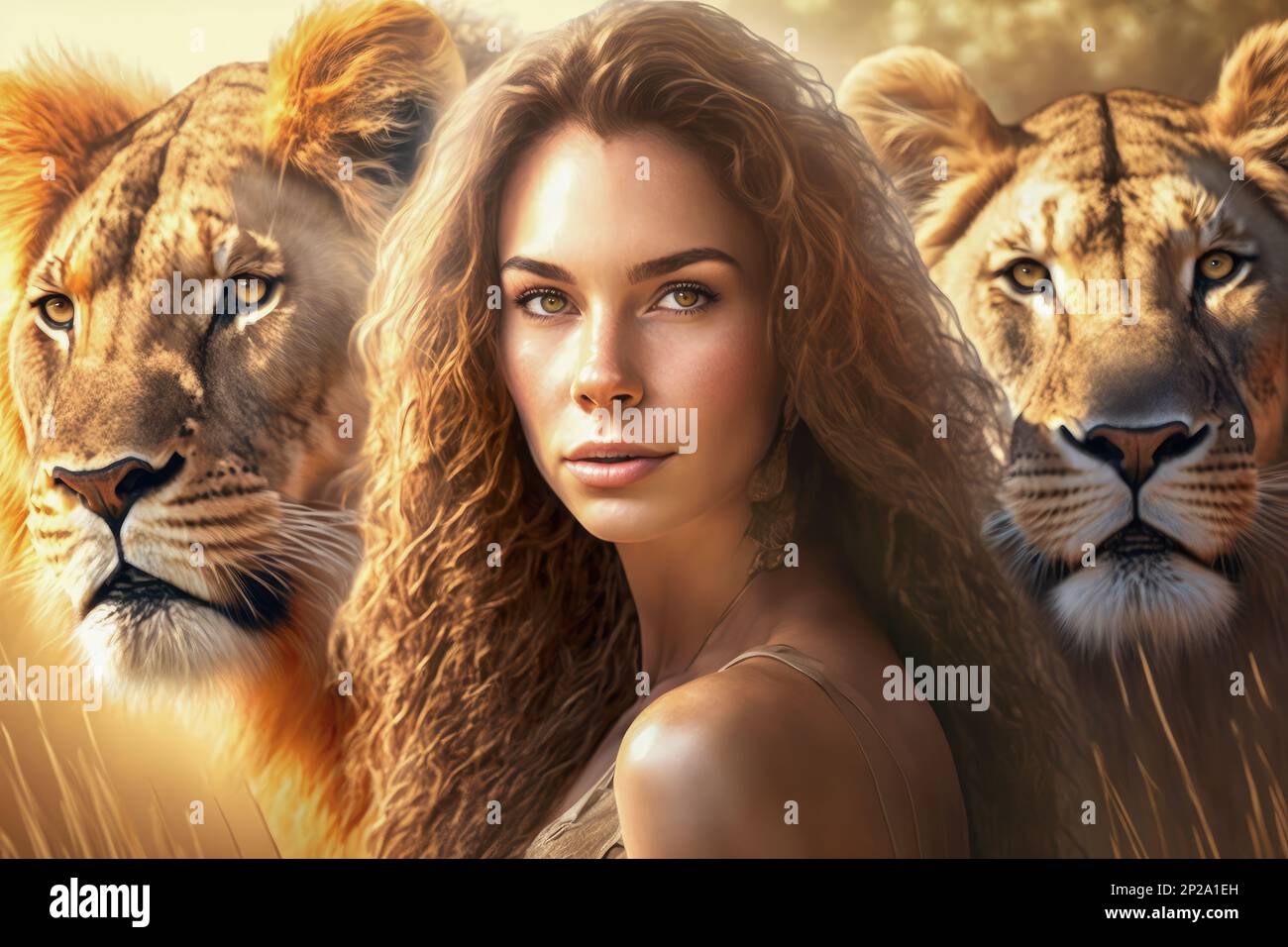 Le lien entre cette femme et les lions est indéniable, un exemple de l'harmonie qui peut exister entre les humains et les animaux. Ai génératif. Banque D'Images