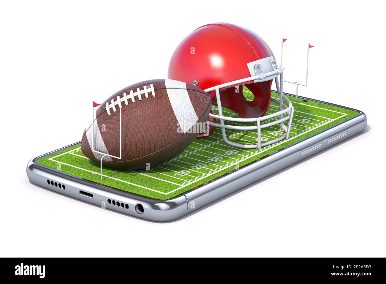 Jeu vidéo de l'application de football américain sur smartphone. Téléphone mobile et ballon de football américain et casque isolés sur blanc. 3d illustration Banque D'Images
