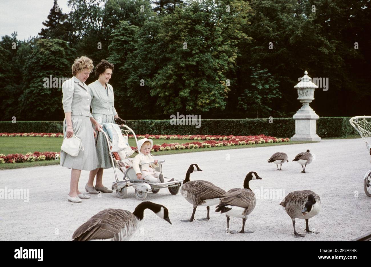 Deux femmes et un petit enfant dans un buggy regardent les oies dans le parc du Palais de Nymphenburg. Munich, Bavière, Allemagne, 1959 Banque D'Images