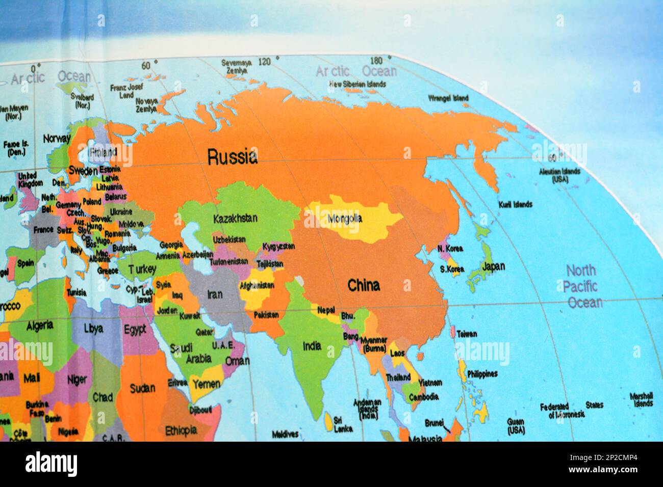 Asie et une partie des continents africains avec la Russie, la Chine, la Corée du Nord, la Corée du Sud, l'Inde, Pays arabes du Moyen-Orient, Iran, Pakistan, Ukraine, Japon, Mongol Banque D'Images