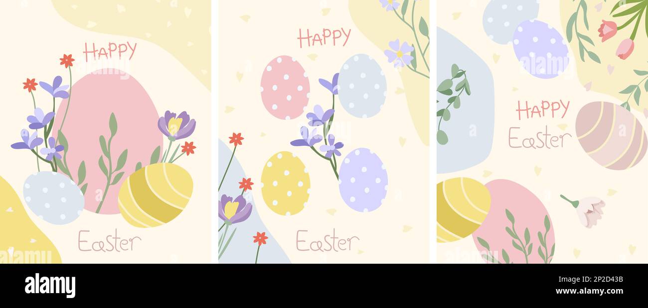 Cartes postales avec œufs de Pâques colorés, fleurs de printemps et feuilles dans des couleurs pastel. Idéal pour les bannières, les invitations, les cartes, les affiches et les autocollants. Illustration vectorielle. Illustration de Vecteur