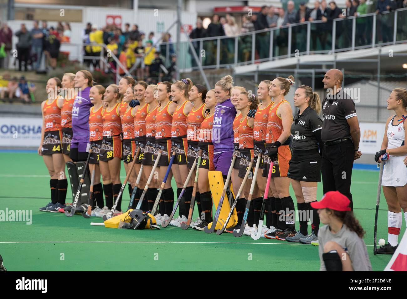 Hobart, Australie. 04th mars 2023. L'équipe nationale de hockey féminin de l'Australie s'est formée lors du match de la Ligue de hockey féminin de la Fédération internationale de hockey (FIH) de 2022/23 entre l'Australie et les États-Unis au Tasmanian Hockey Centre. Score final; Australie 2:1 Etats-Unis (photo de Luis Veniegra/SOPA Images/Sipa USA) crédit: SIPA USA/Alay Live News Banque D'Images