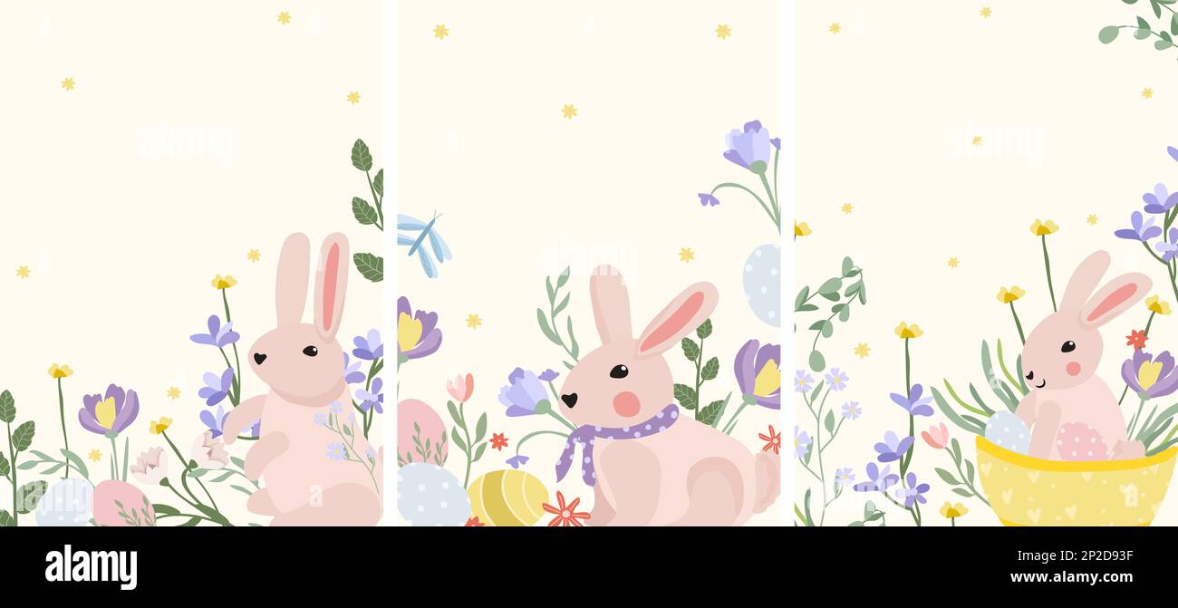 Cartes lumineuses avec un joli lapin, des fleurs printanières et des œufs de Pâques. Cartes de vœux avec espace pour votre texte. Floraison printanière. Idéal pour les bannières, les cartes, les affiches. Illustration vectorielle. Illustration de Vecteur