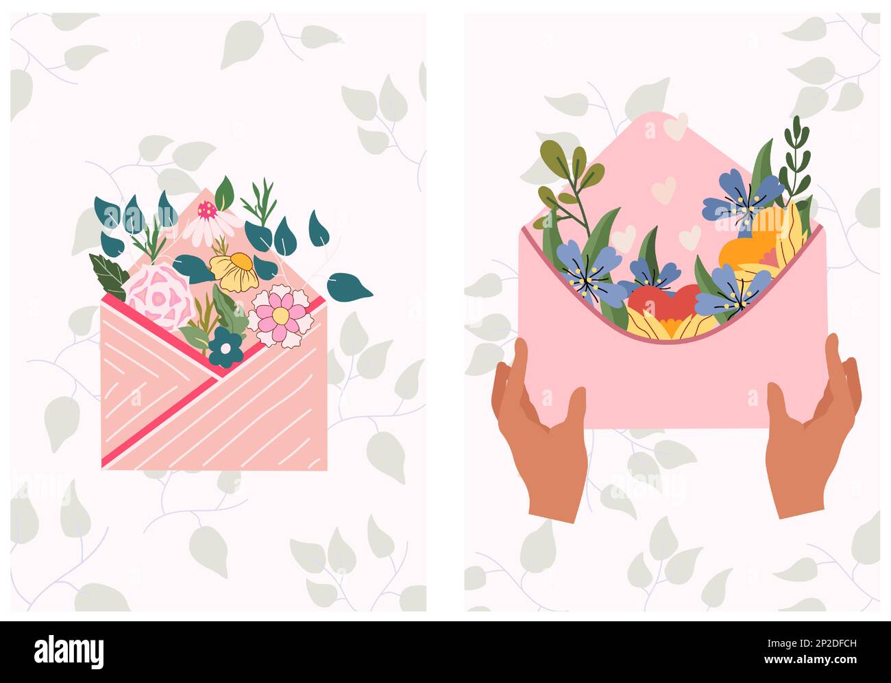 Belles cartes postales avec bouquet de fleurs de printemps à l'intérieur de l'enveloppe. Un arrangement floral pour célébrer un anniversaire, un mariage, la fête des mères, le printemps, etc Illustration vectorielle. Illustration de Vecteur