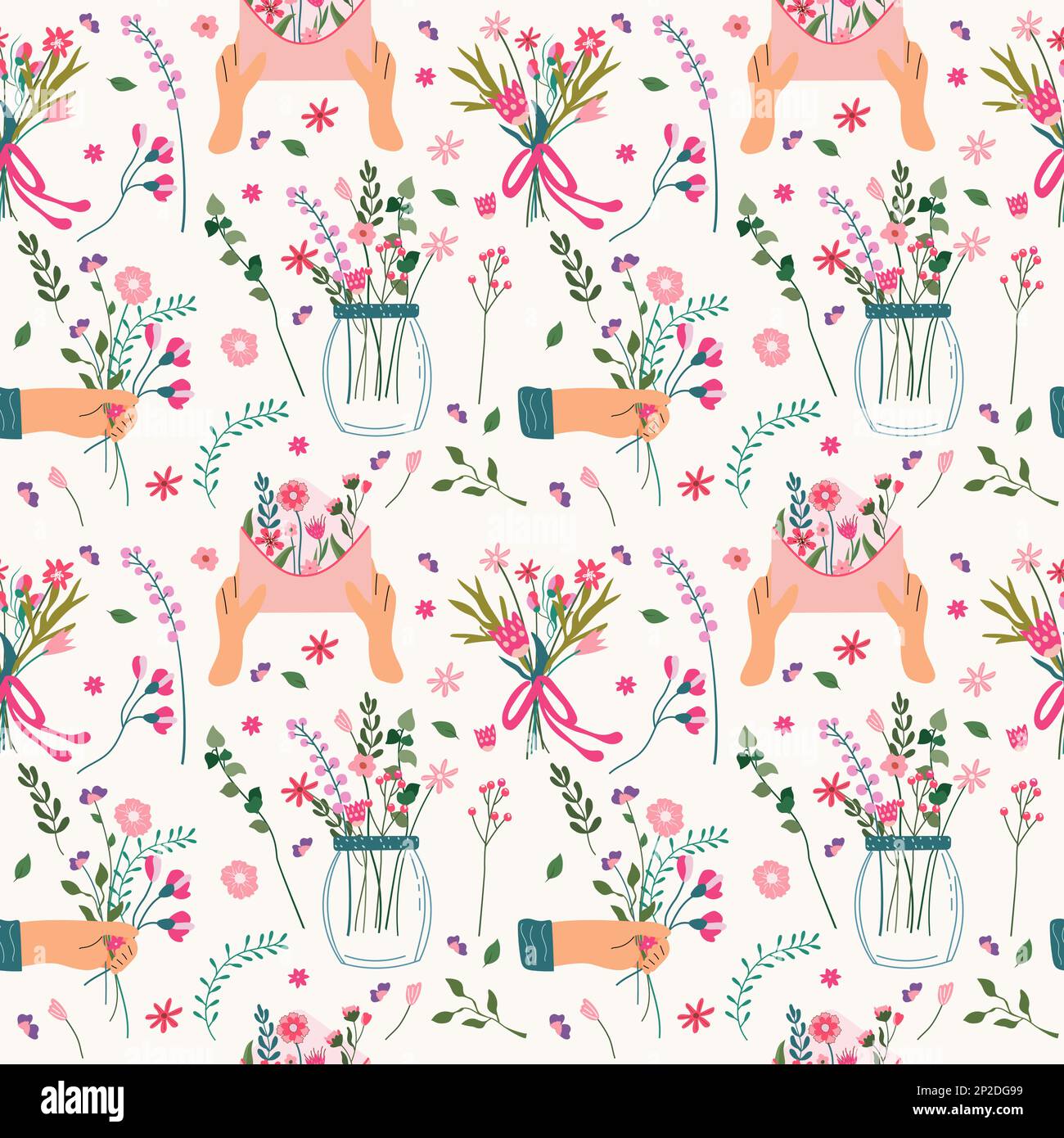 Motif sans couture avec fleurs brillantes dans un pot, un bouquet à l'intérieur d'une enveloppe, des feuilles, des baies. Fleur de printemps et luxe. Le motif floral peut être utilisé comme textile, tissu, papier peint, bannière, etc Vecteur Illustration de Vecteur