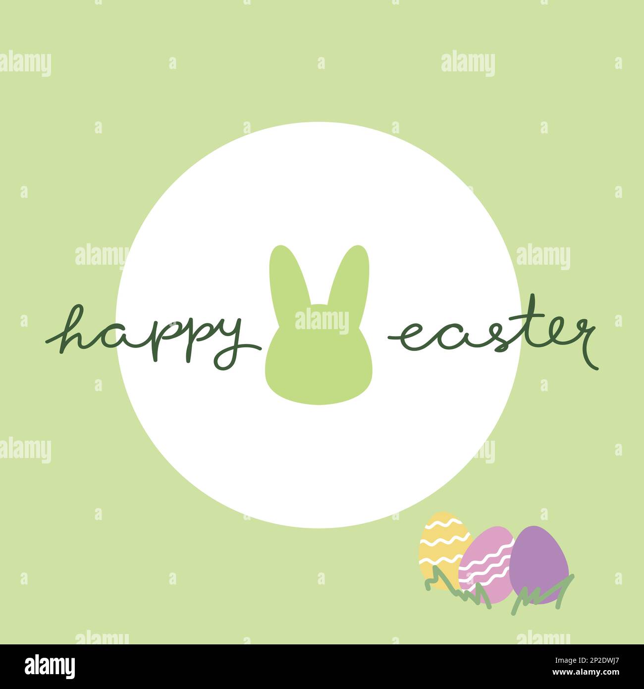 Joli logo « Happy Easter » simple avec œufs de fête et silhouette de lapin sur fond de cercle vert vif. Texte manuscrit isolé sur fond blanc Illustration de Vecteur