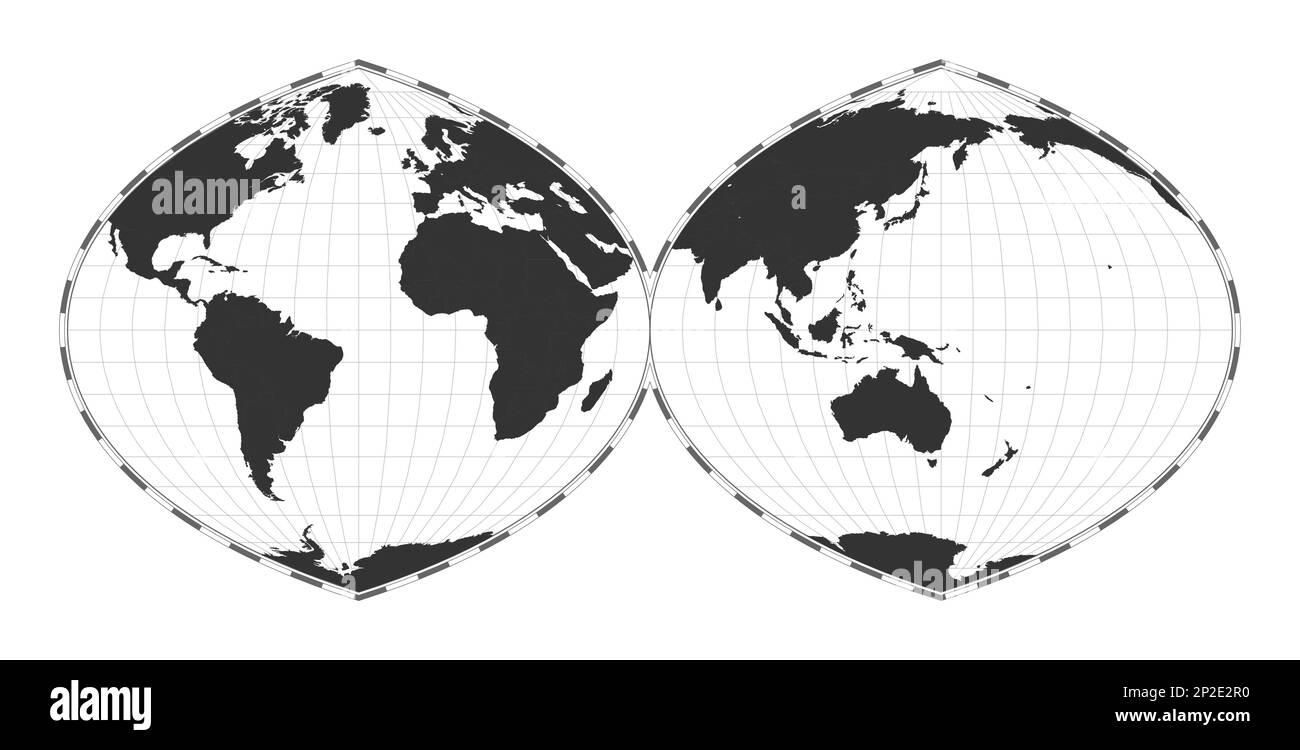 Carte du monde vectorielle. Projection authalique quartique interrompue en deux hémisphères. Carte géographique du monde simple avec les lignes de latitude et de longitude. Illustration de Vecteur