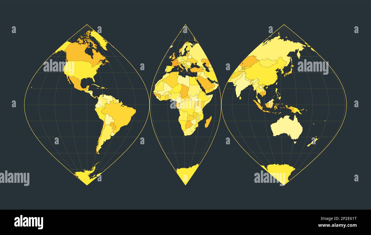 Carte du monde. Projection sinusoïdale interrompue. Illustration du monde futuriste pour votre infographie. Couleurs vives de pays jaune. Illustration de Vecteur