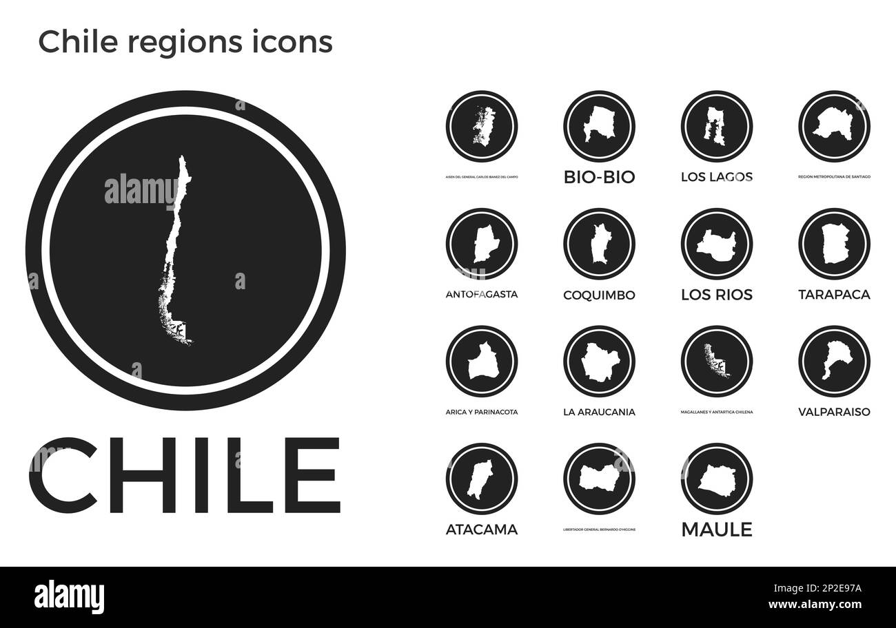 Icônes des régions du Chili. Logos ronds noirs avec cartes et titres ...