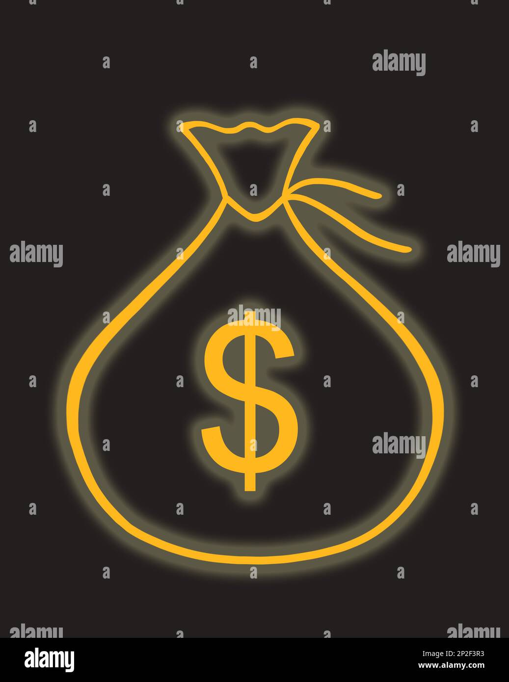 Un sac d'argent avec une pancarte d'argent en dollars américains. La lumière au néon brille sur fond noir. Illustration graphique. Banque D'Images