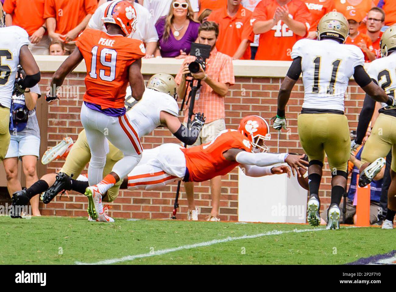 Clemson Tigers quarterback Deshaun Watson (4) dives for the endzone but  comes up just a little bit short during the NCAA Football game between  Wofford Terriers and Clemson Tigers at Death Valley