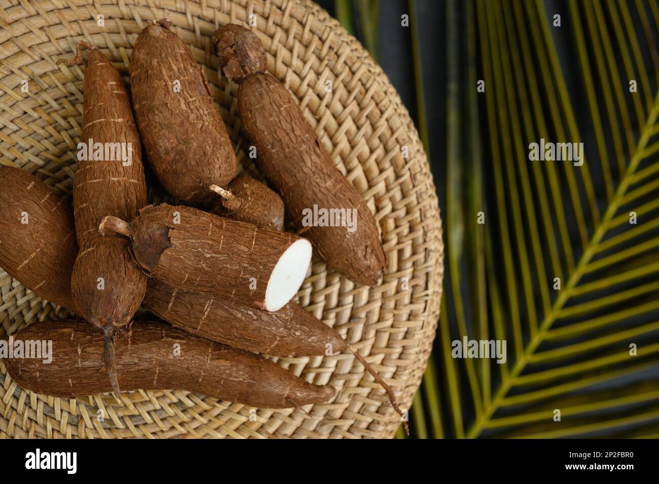 Tubercule de manioc cru biologique sur plateau en osier et feuilles de palmier. Vue de dessus. Copier l'espace. Racine de manioc Yucca. Banque D'Images