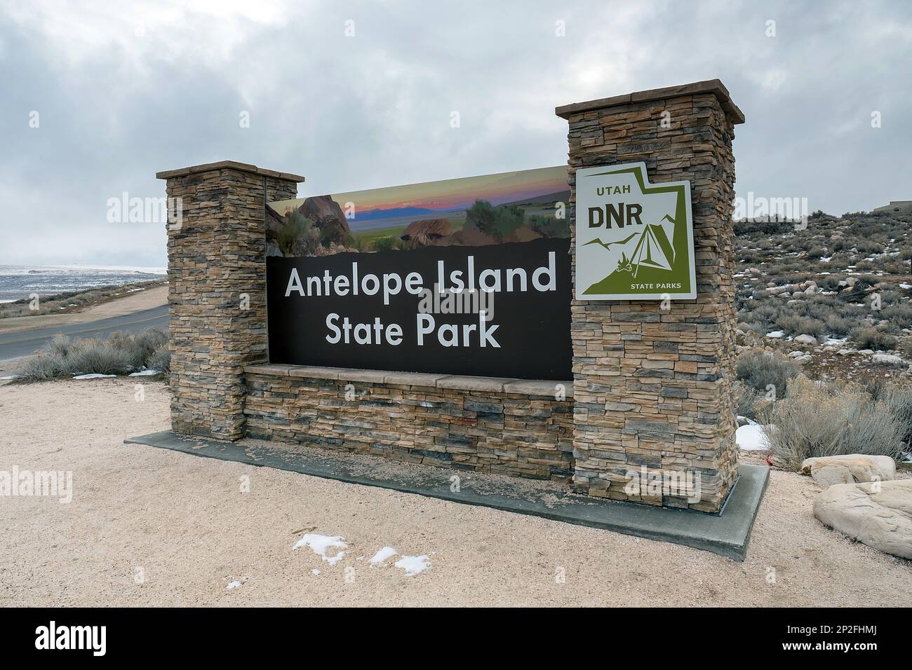 28 février 2023 : le parc national de l'île antilope, juste au nord de Salt Lake City, offre aux visiteurs l'accès à la randonnée, à l'observation des oiseaux, au camping et à l'observation de la faune. Parc national d'Antelope Island, Utah. Banque D'Images