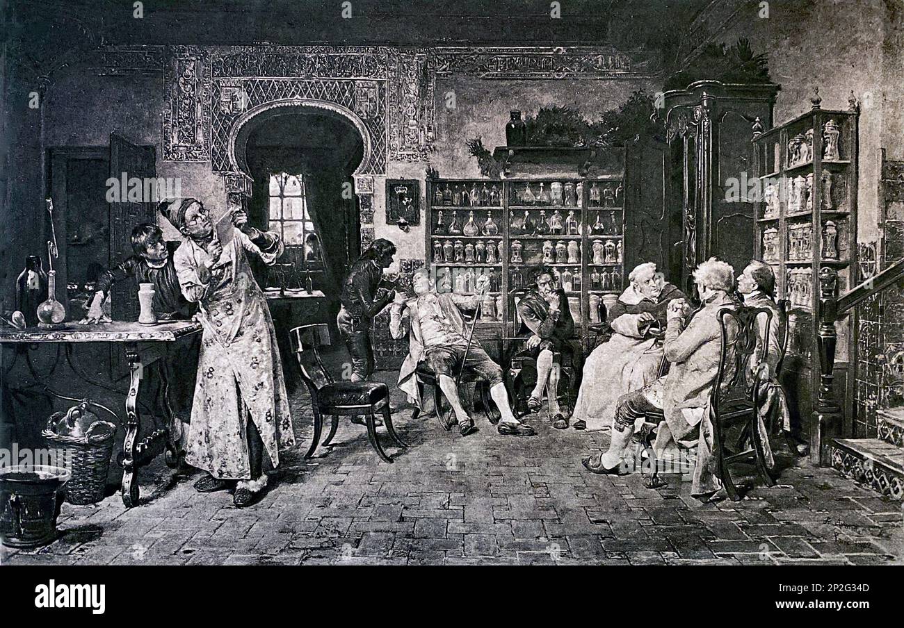 Une pharmacie espagnole, de la George Barrie International Gallery of prints, 1800s gravé par Jimenez y Aranda à partir d'un tableau, à l'époque de Louis XVI Banque D'Images