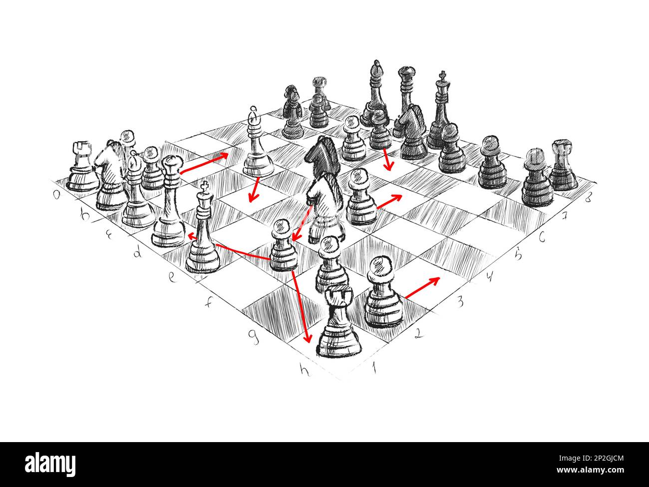 Illustration de la carte avec des pièces d'échecs. Stratégie pour gagner Banque D'Images
