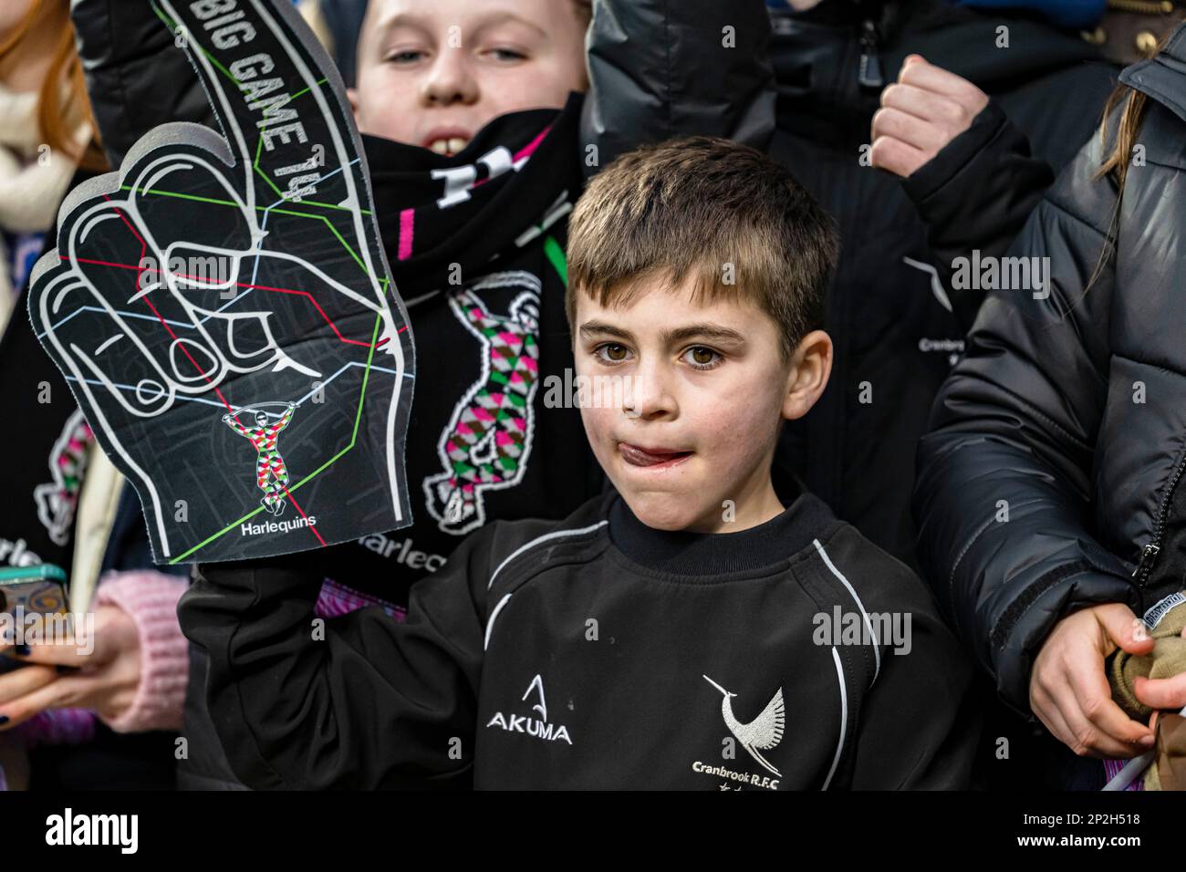 LONDRES, ROYAUME-UNI. 04th, mars 2023. Un fan lors du Big Game 14 Gallagher Premiership Rugby Match Round 19 Harleqins vs Exeter Chiefs au stade de Twickenham le samedi 04 mars 2023. LONDRES, ANGLETERRE. Credit: Taka G Wu/Alay Live News Banque D'Images