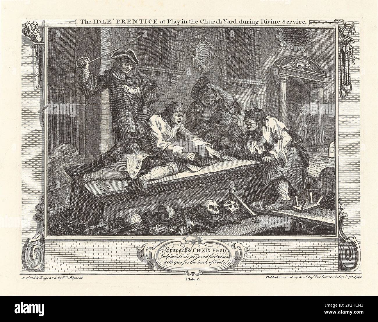 Série "Industrie et idleness", planche 3: The Idle 'Prentice at Play in the Church Yard, pendant le service Divin, 1747. Collection privée. Banque D'Images