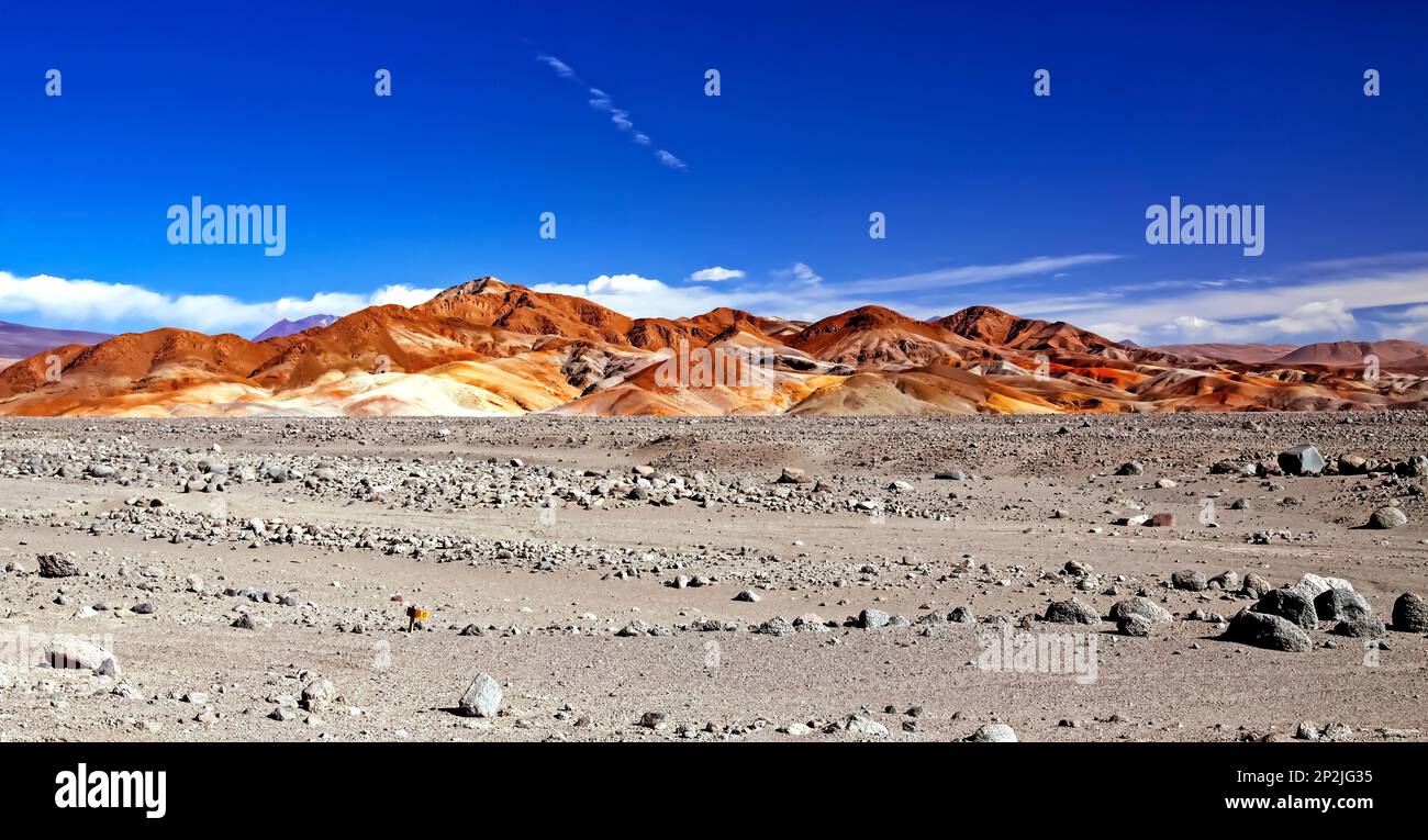 Magnifique paysage désertique spectaculaire, gris vaste vide sans fin plateau de pierre sec, rouge coloré collines de grès à l'horizon - Salar de Atacama, Chi Banque D'Images