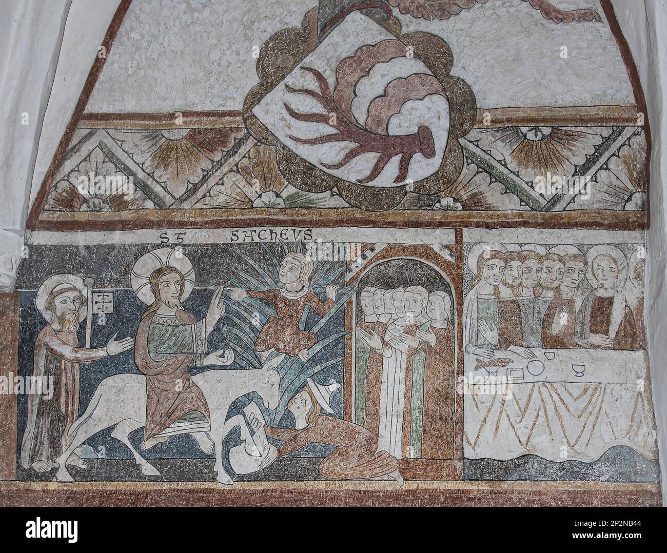 L'entrée triomphale à Jérusalem quand Jésus rencontre Zaccheus, une fresque de 500 ans à Keldeby churh, Danemark, 10 octobre 2022 Banque D'Images