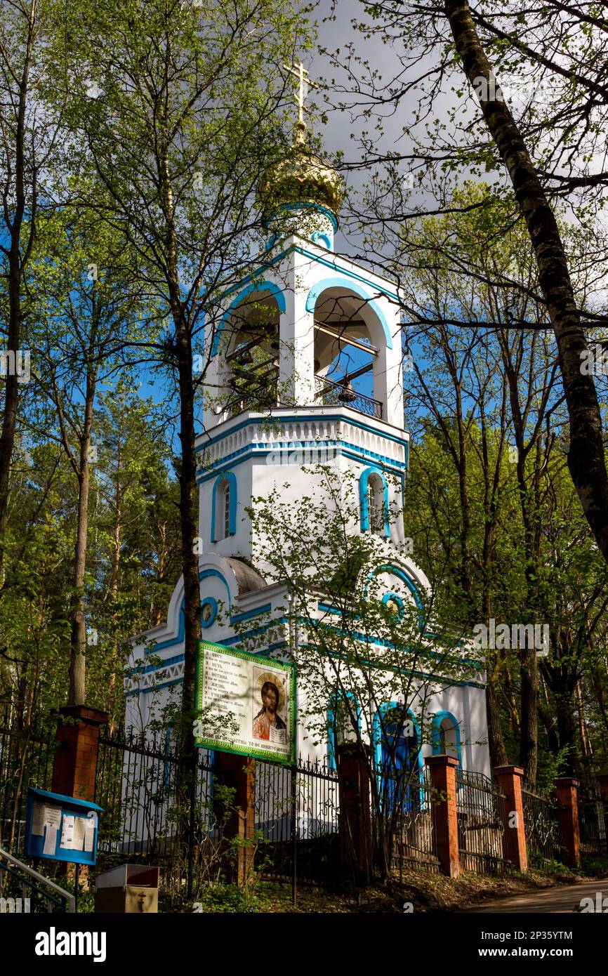 Le clocher détaché de l'église orthodoxe russe entouré d'arbres : Russie - Mai 2021 Banque D'Images