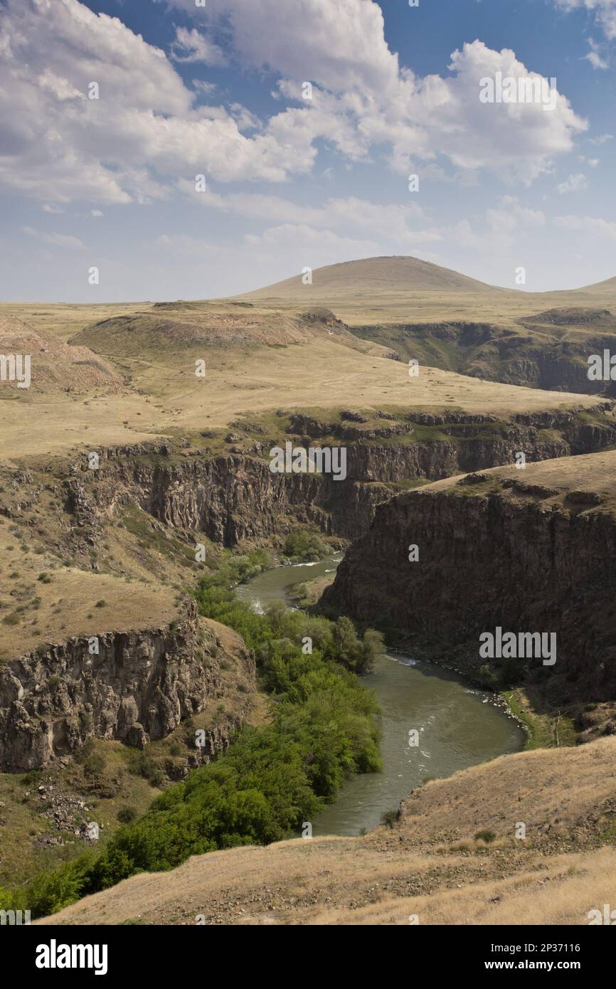 Vue sur la ville arménienne turque médiévale détruite et éloignée, le long de la rivière Akhourian formant une frontière entre la Turquie et l'Arménie, Ani, province de Kars Banque D'Images