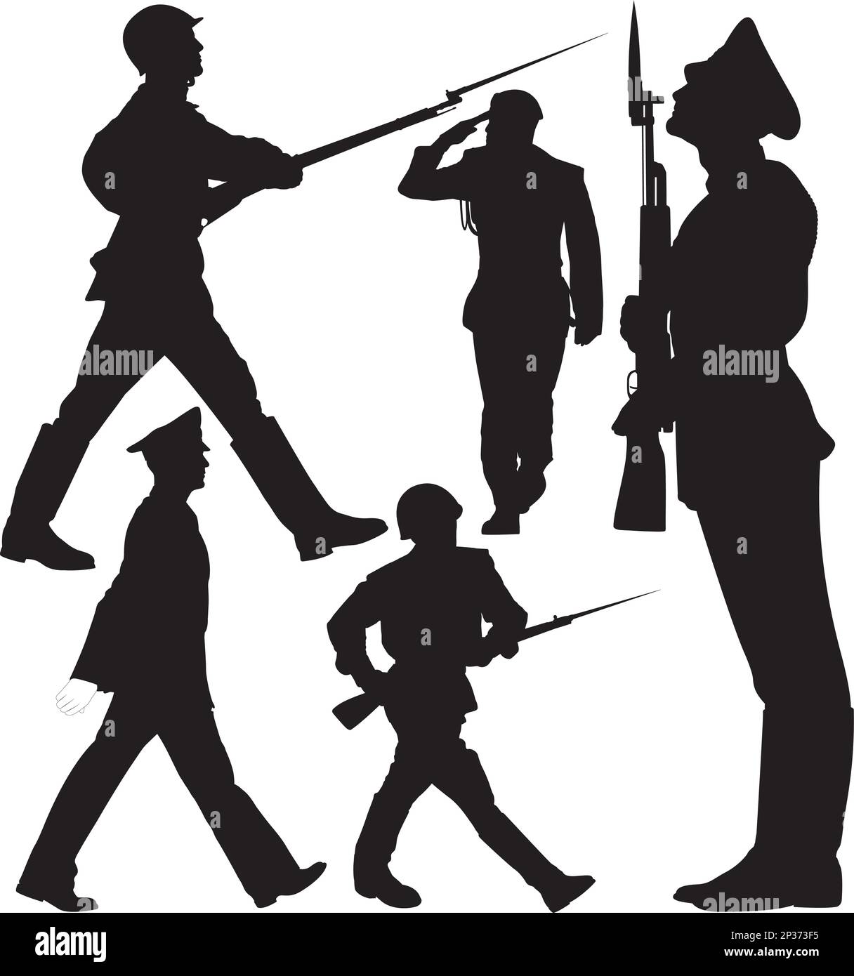 Soldats marchant, silhouettes vectorielles de garde sentinelle isolées sur fond blanc. En couches. Modifiable Illustration de Vecteur