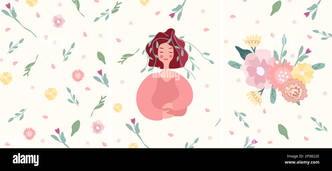 Des illustrations lumineuses avec une femme, des fleurs et des feuilles dans un cercle. Femme heureuse de printemps. Bonne journée mère. Idéal pour les cartes de vœux, les cartes, les bannières et les affiches. Graphiques vectoriels. Illustration de Vecteur