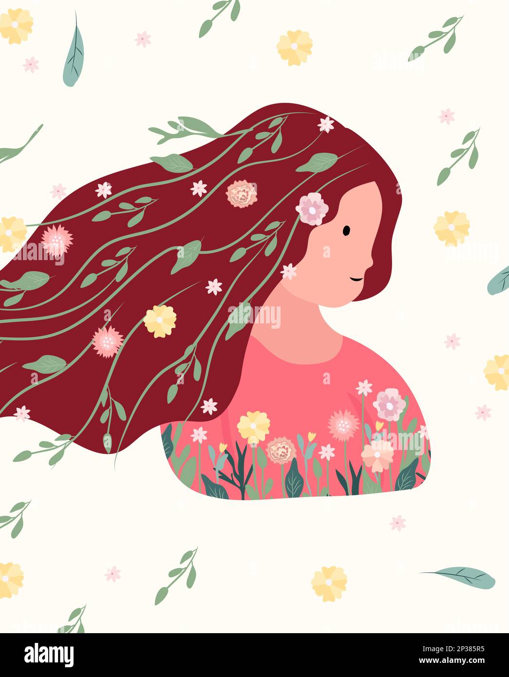 Illustration lumineuse avec une femme aux cheveux longs et aux fleurs autour. Femme heureuse de printemps. Idéal pour les cartes de vœux, les cartes, les bannières et les affiches. Graphiques vectoriels. Illustration de Vecteur