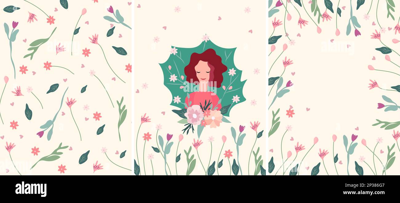 Des illustrations lumineuses de printemps avec une jolie dame et un bouquet de fleurs dans ses mains et des fleurs sauvages autour. Femme heureuse de printemps. Idéal pour les cartes de vœux, les cartes, les bannières et les affiches. Graphiques vectoriels Illustration de Vecteur