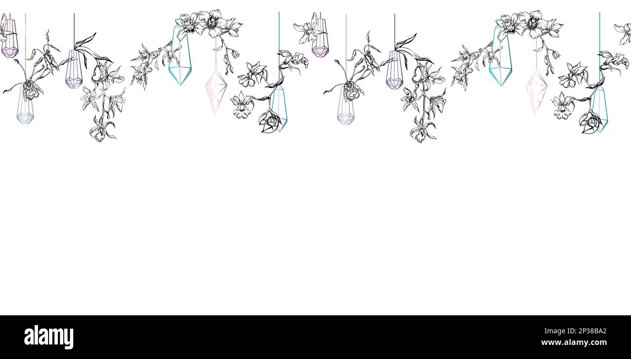 Fleurs et branches d'orchidées à encre vectorielle dessinées à la main, monochrome, contour détaillé. Bannière horizontale sans couture. Isolé sur fond blanc. Conception pour Illustration de Vecteur