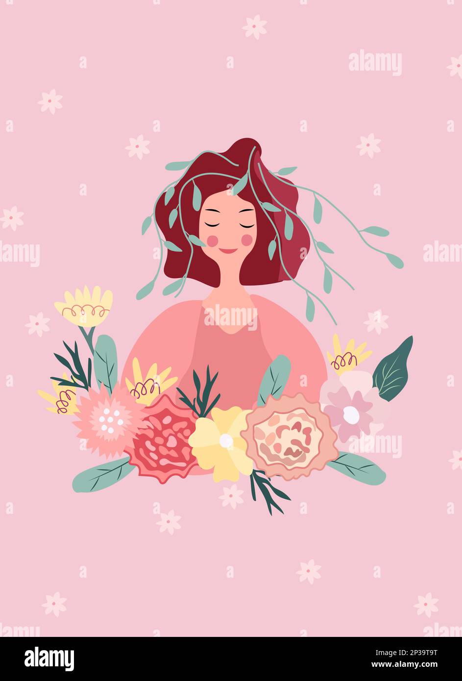 Illustration lumineuse avec une femme, fleurs et feuilles dans un cercle. Femme heureuse de printemps. Bonne journée mère. Idéal pour les cartes de vœux, les cartes, les bannières et les affiches. Graphiques vectoriels. Illustration de Vecteur