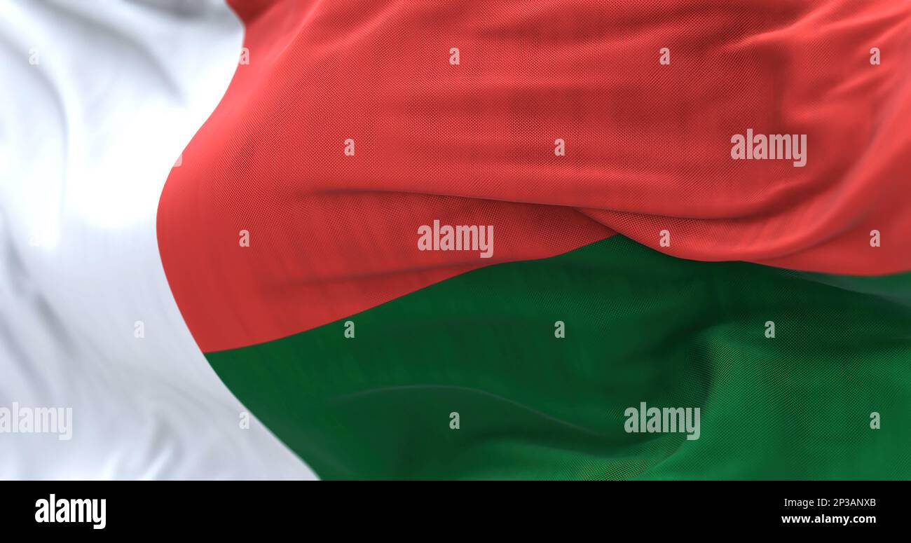 Détail du drapeau national de Madagascar. 3 rectangles égaux, rouge, blanc et vert. 3d rendu d'illustration. Mise au point sélective. Gros plan. Fond texturé Banque D'Images