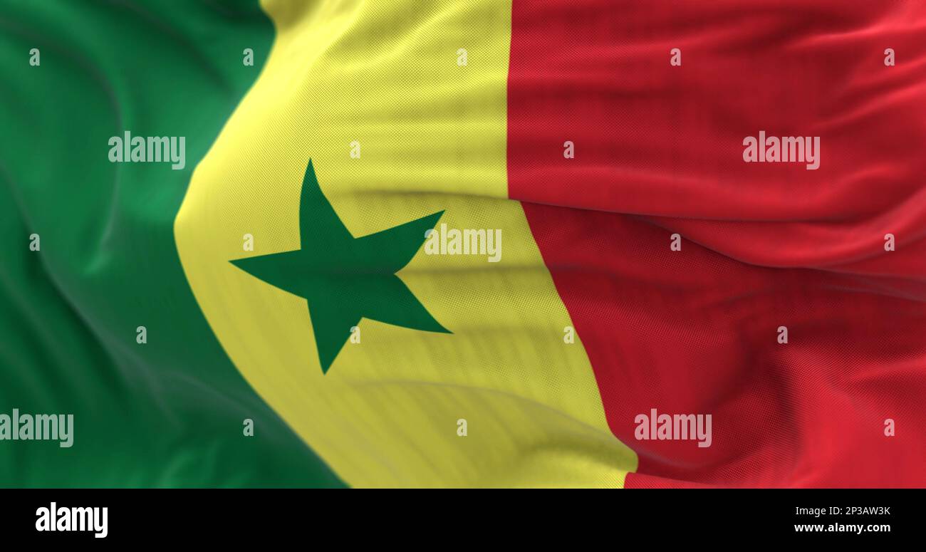 Détail du drapeau national du Sénégal. Tricolore avec bandes verticales avec les couleurs traditionnelles panafricaines : vert, jaune et rouge. 3d illustrati Banque D'Images