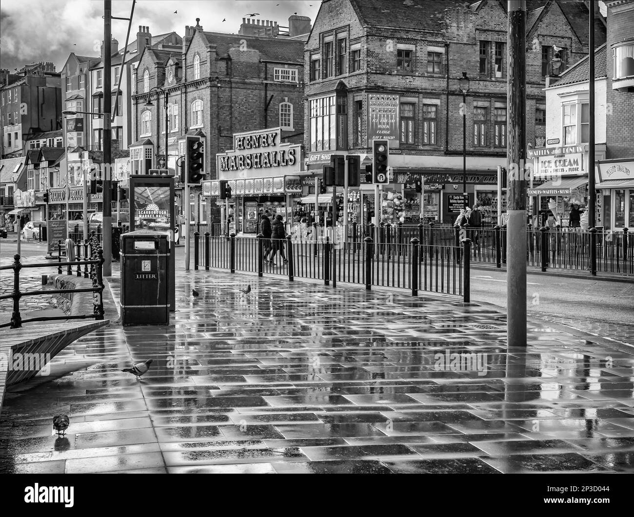 Une douche à effet pluie laisse un pavé humide avec des reflets. Les pigeons sont en premier plan et la rue est bordée de boutiques et d'arcades de divertissement. Banque D'Images