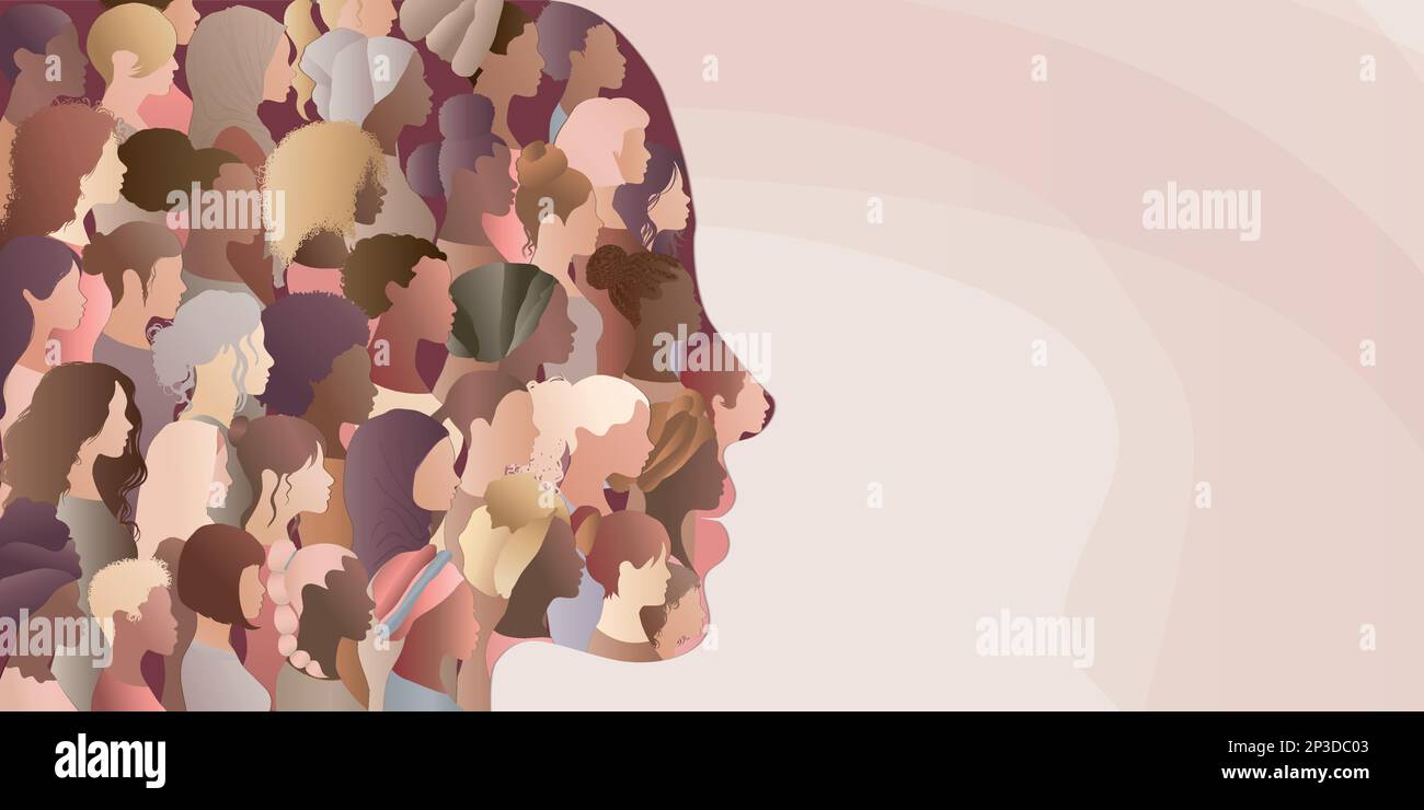 La femme fait face à une silhouette avec un groupe de femmes multiculturelles et multiethniques à l'intérieur.égalité raciale anti-racisme. Femme qui donne la voix Illustration de Vecteur