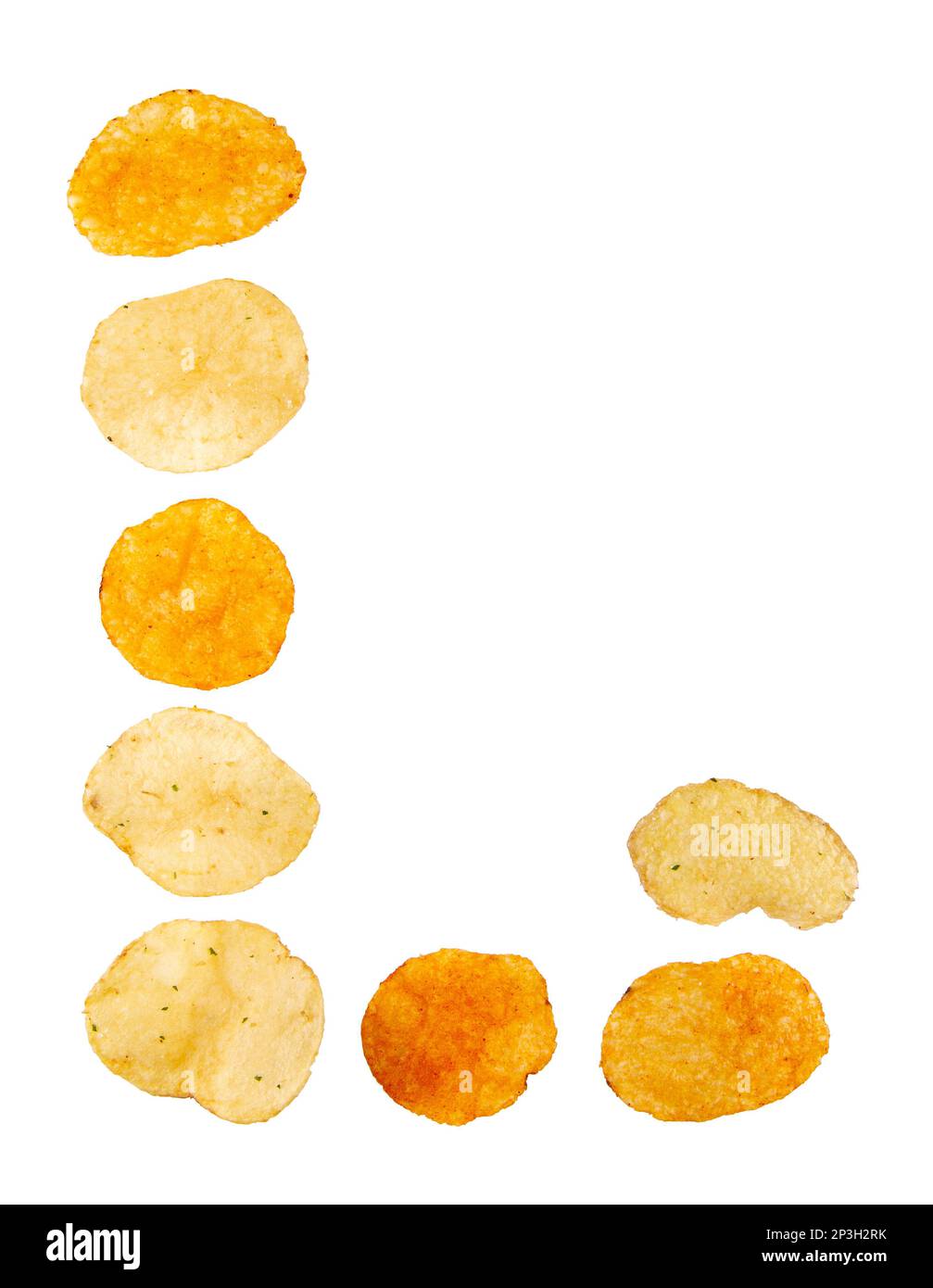Lettre L faite de chips de pomme de terre et isolée sur fond blanc. Concept de l'alphabet alimentaire. Une lettre de l'ensemble de police de puce de pomme de terre facile à empiler. Banque D'Images