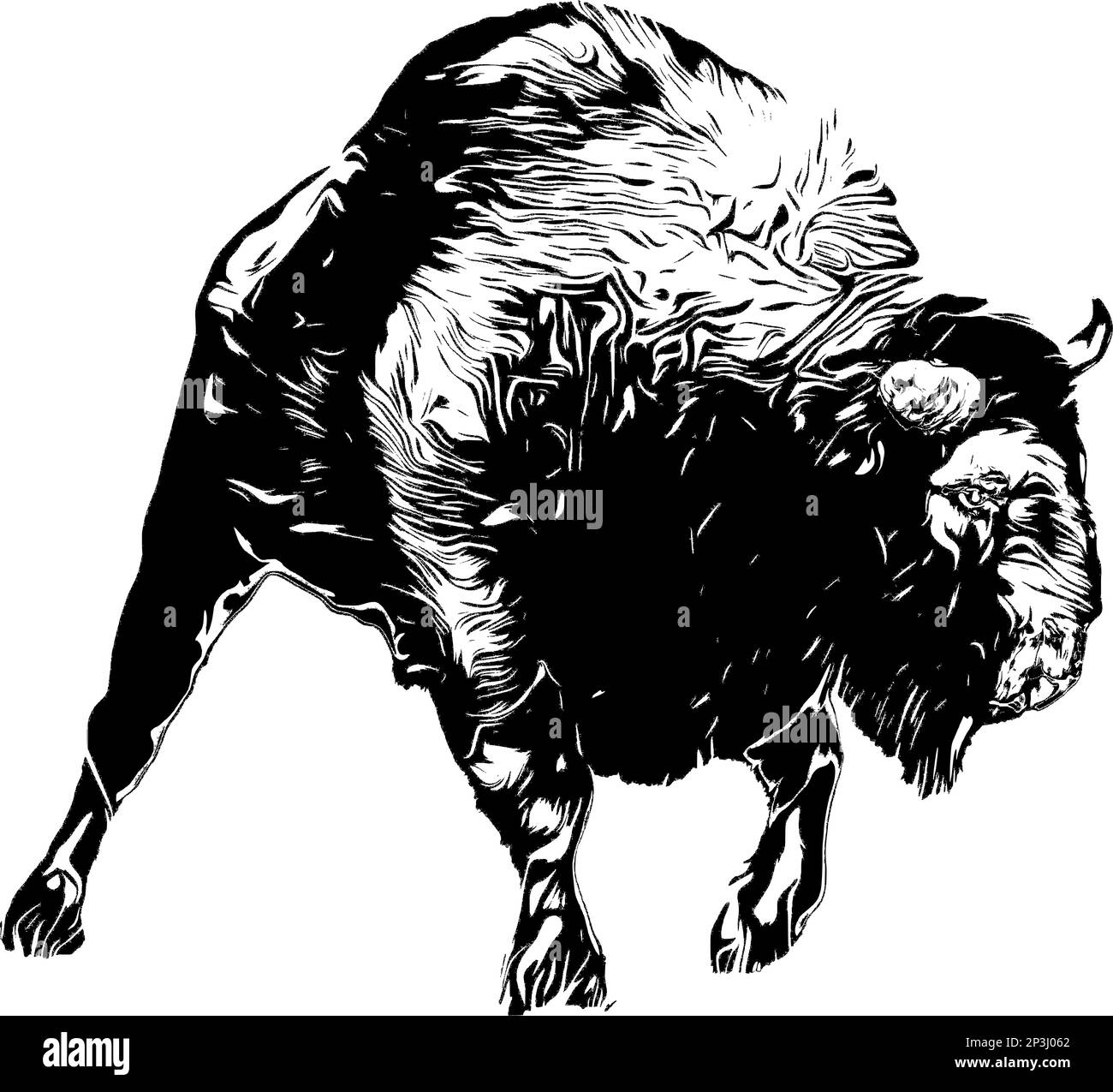 Silhouette noire d'un Bison européen sur fond blanc Illustration de Vecteur