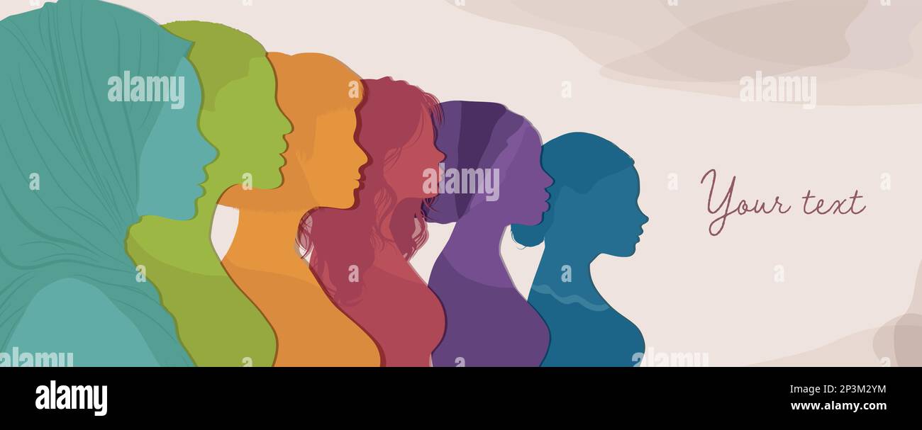 Profil silhouette groupe de femmes multiculturelles. Journée internationale de la femme. Communauté sociale féminine de culture diversifiée. Collègues. Égalité raciale. Illustration de Vecteur