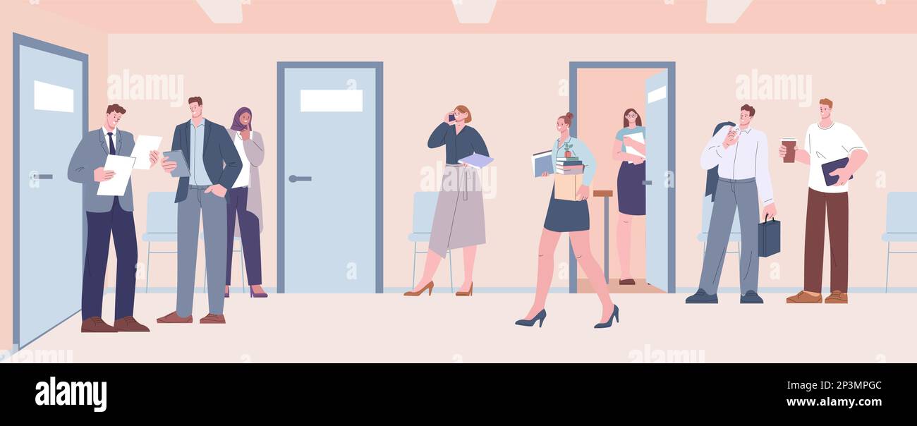 Vie professionnelle, personnes dans le centre d'affaires. Les gestionnaires boivent du café, discutent du projet, parlent au téléphone et attendent. Nouvel employé avec Box et choses, dessin animé Illustration de Vecteur