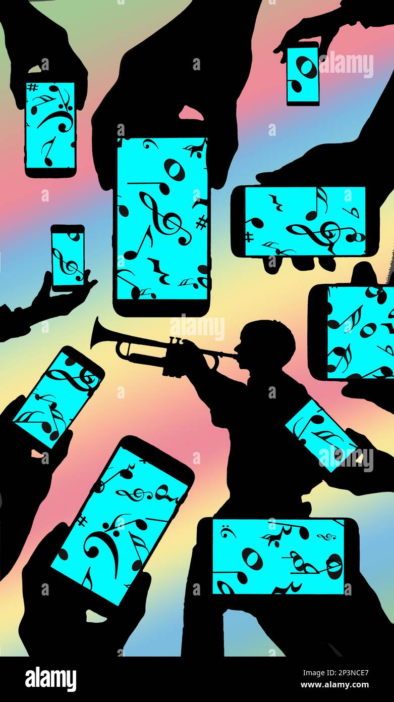 La musique sur les écrans de téléphone portable montre des notes et des symboles musicaux comme un trompette est vu silhoueted dans l'arrière-plan dans cette illustration 3-d. Banque D'Images