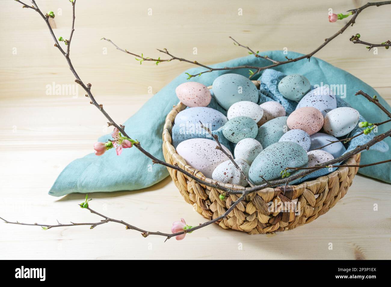 De nombreux oeufs de Pâques pastel dans un panier et une branche avec quelques fleurs sur une table en bois, espace de copie, foyer sélectionné, profondeur de champ étroite Banque D'Images