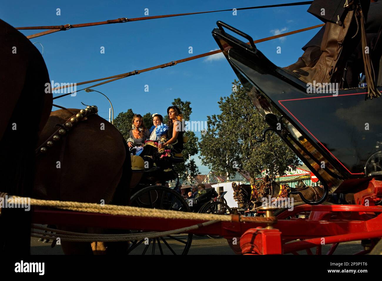 Feria de Abril (la foire d'avril). 'El Real'. Des gens assis sur une calèche. Séville, Andalousie, espagne. Banque D'Images