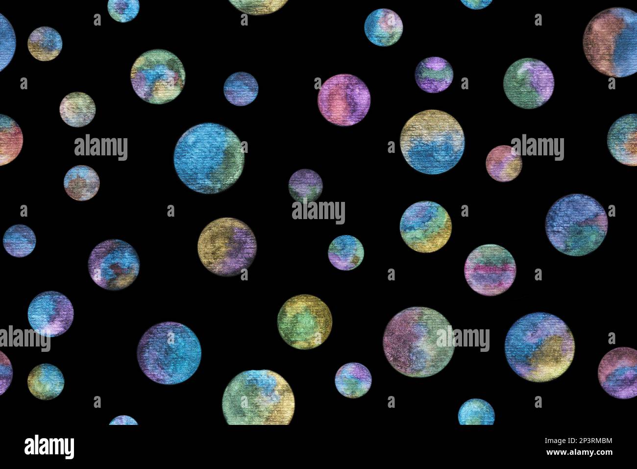 Motif sans couture des planètes peintes avec des peintures aquarelles brillantes sur fond noir. Cercles d'aquarelle brillants dessinés à la main avec un lustre métallique. S Banque D'Images