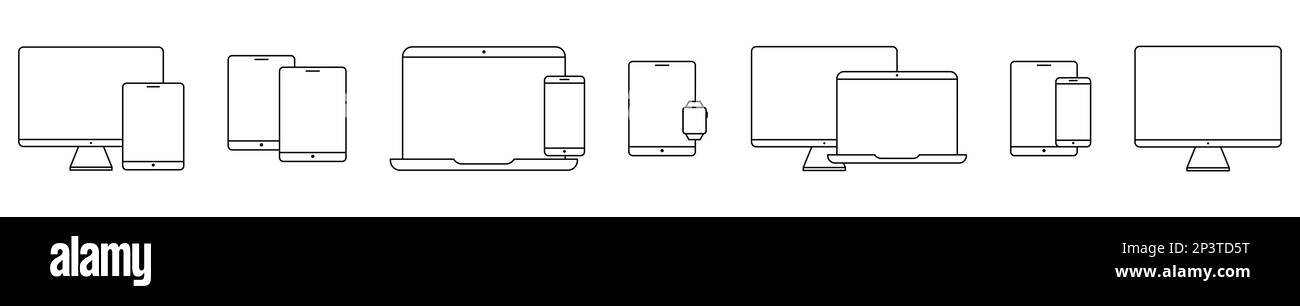 Icônes de ligne de périphérique. PC portable, smartphone, ordinateur, tablette et gadgets de montre. Illustration vectorielle isolée sur fond blanc Illustration de Vecteur
