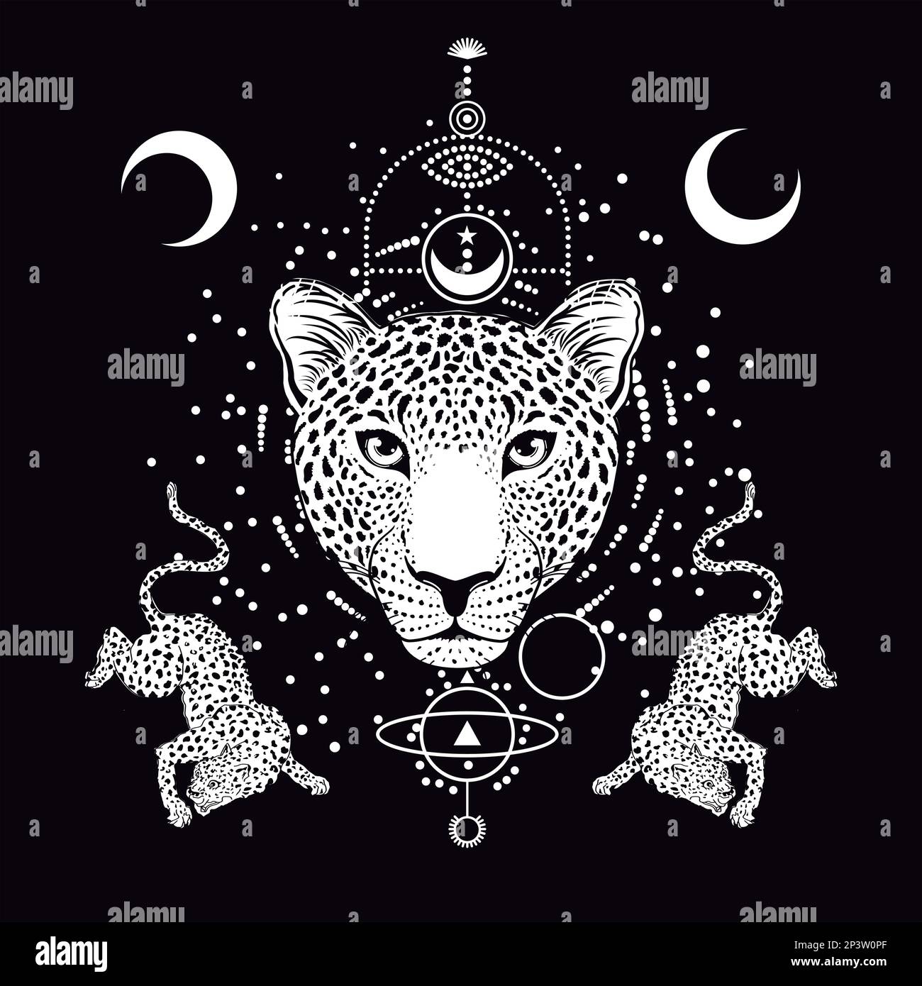 motif pour t-shirt avec léopards et éléments géométriques isolés sur le noir Illustration de Vecteur