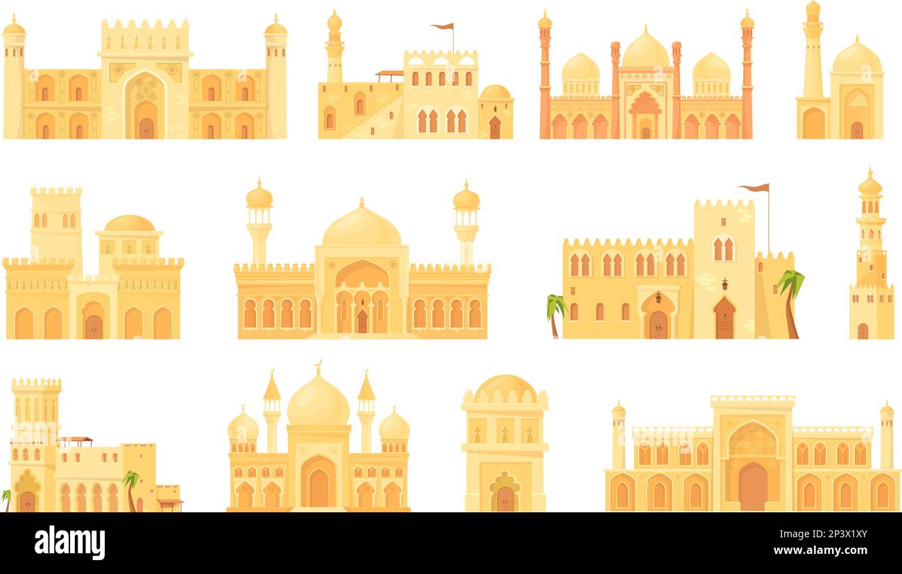 Maisons en pierre arabe. Ancien bâtiment de dubaï, l'architecture traditionnelle de l'islam ornement ancien maroc palais arabian Heritage Mud stall dans le désert africain, ensemble net illustration vectorielle de la maison bâtiment est Illustration de Vecteur