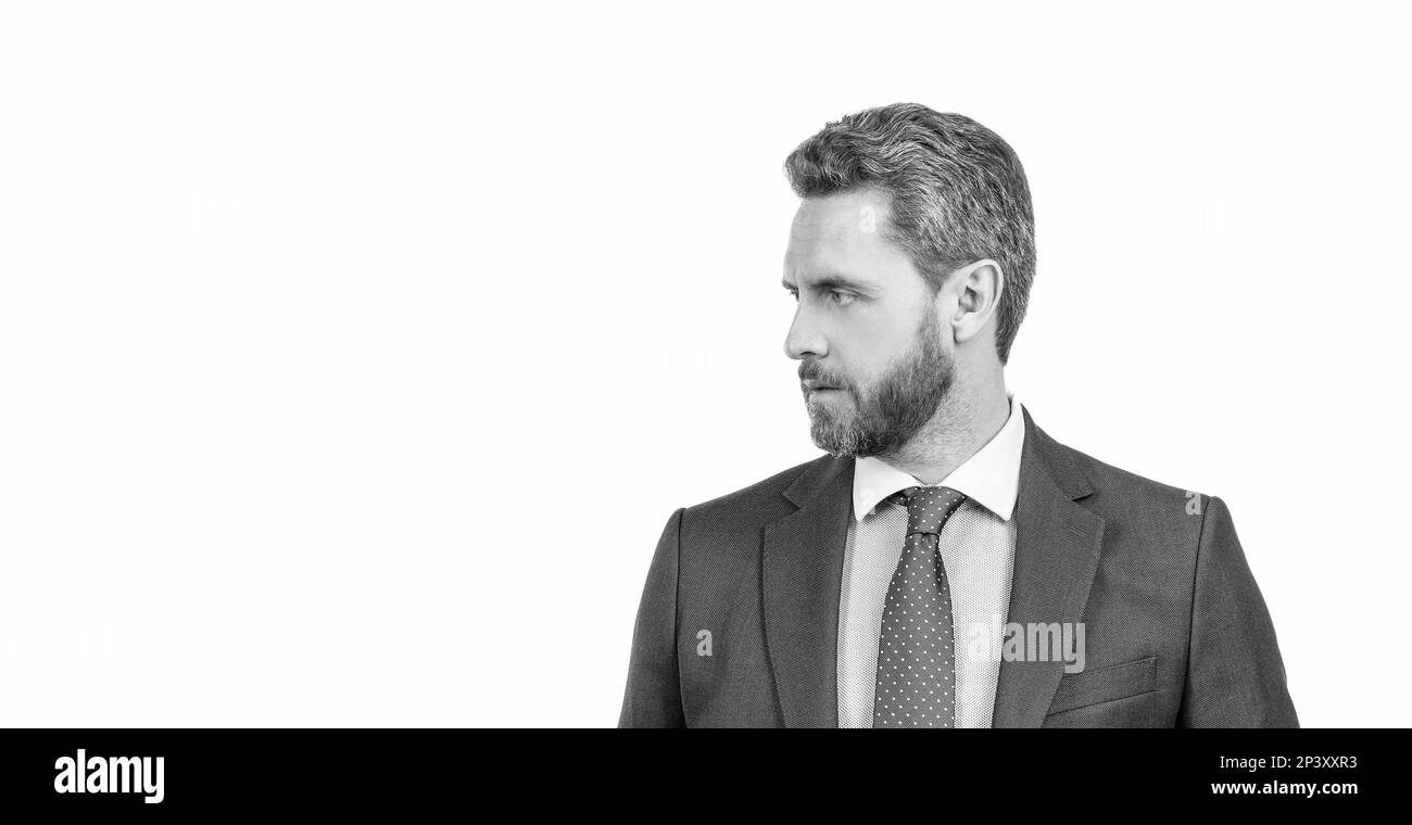 Homme professionnel avec profil de visage non rasé en tenue de forme isolée sur l'espace de copie blanc, portrait Banque D'Images