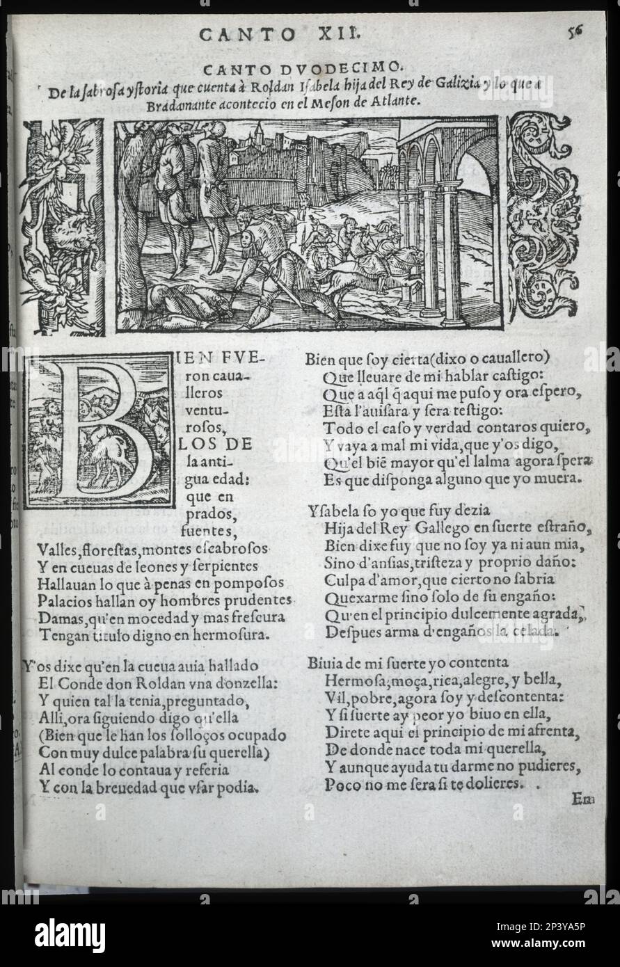 Je chante douze et gravure de la rare édition de 'Orlando Furioso', de Ludovico Ariosto, traduite en espagnol par J. de Urrea. Édité dans Anvers, 'Casa de la Biuda' par Mart&#xed;n Nucio en 1557-1558. Banque D'Images