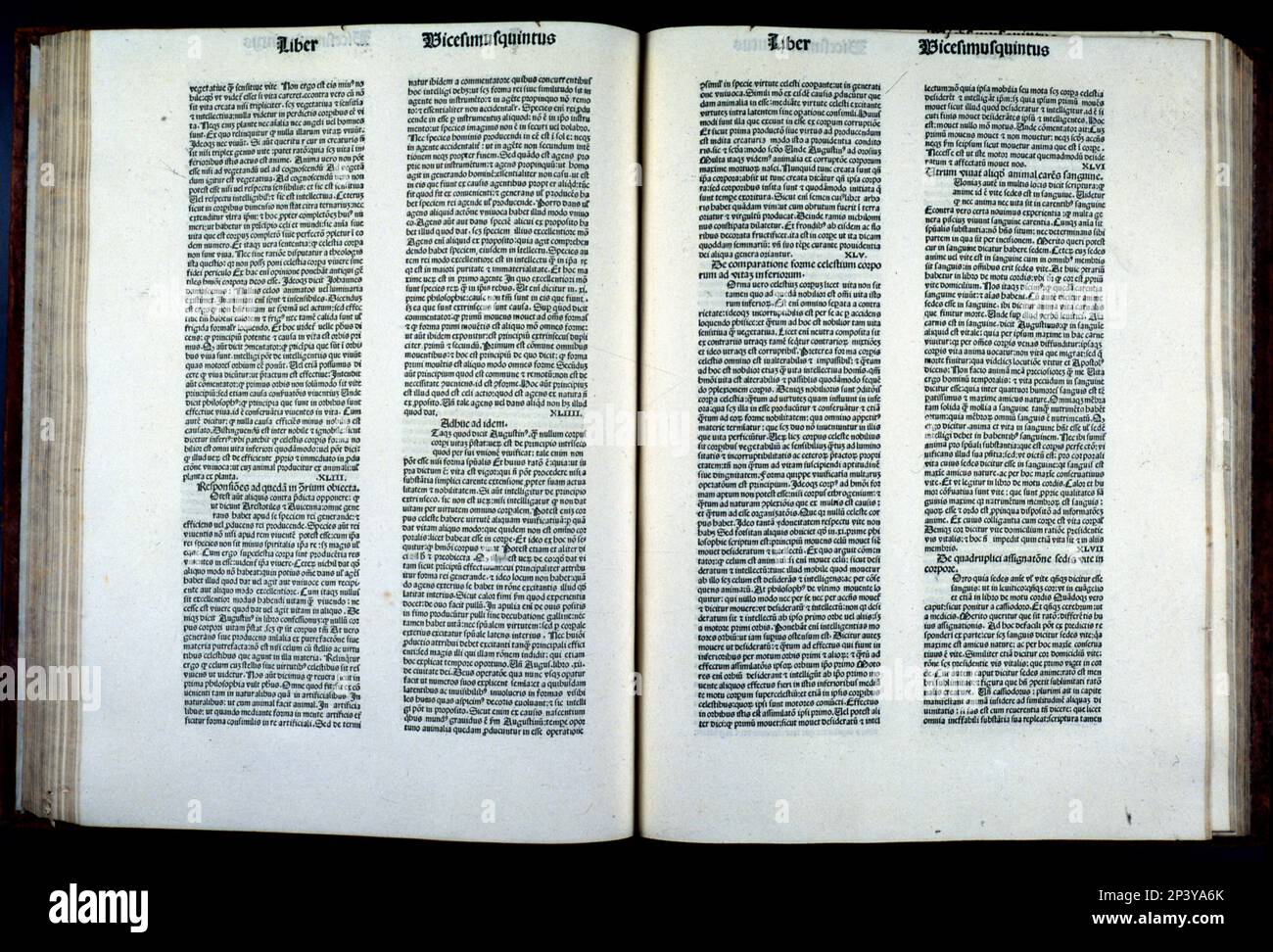 Pages de l'ouvrage 'peculum naturale', encyclopédie scientifique médiévale de Vincentius Bellovacensis (Vincent de Beauvais). Édition originale en lettres gothiques. Imprimé à Strasbourg par TYO Jacobus de Voragine, 1481. Banque D'Images