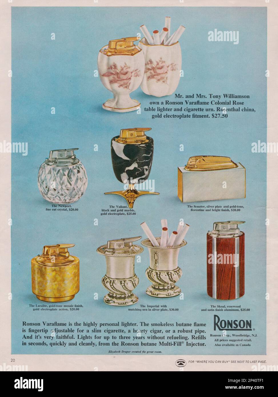 Allume-cigare et allume-cigare Ronson Varaflame. Bougies Ronson Caraflame. Publicité dans le magazine d'époque Ronson 1960s Banque D'Images